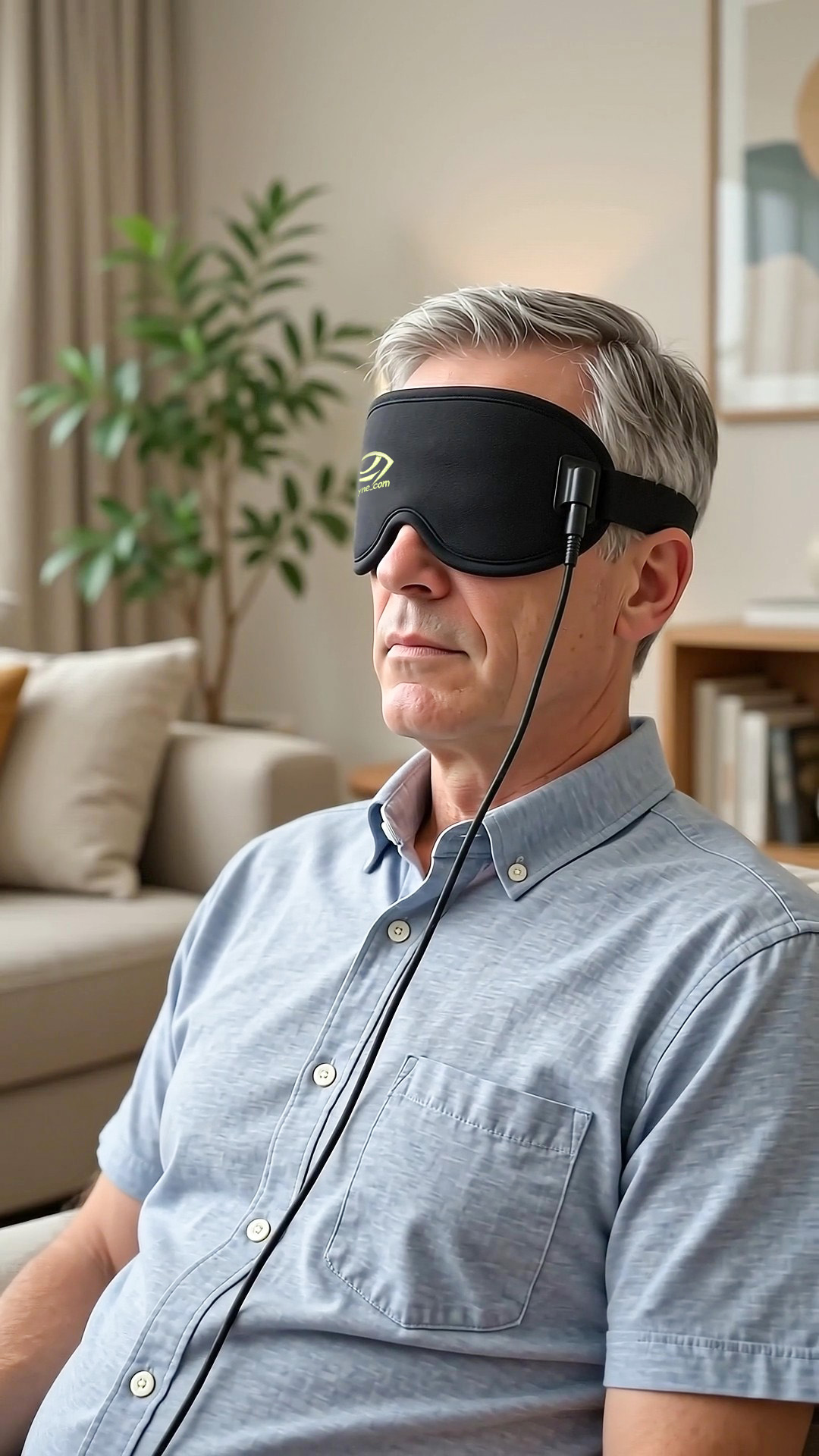 Man wearing the Retyne infrared eye mask at home