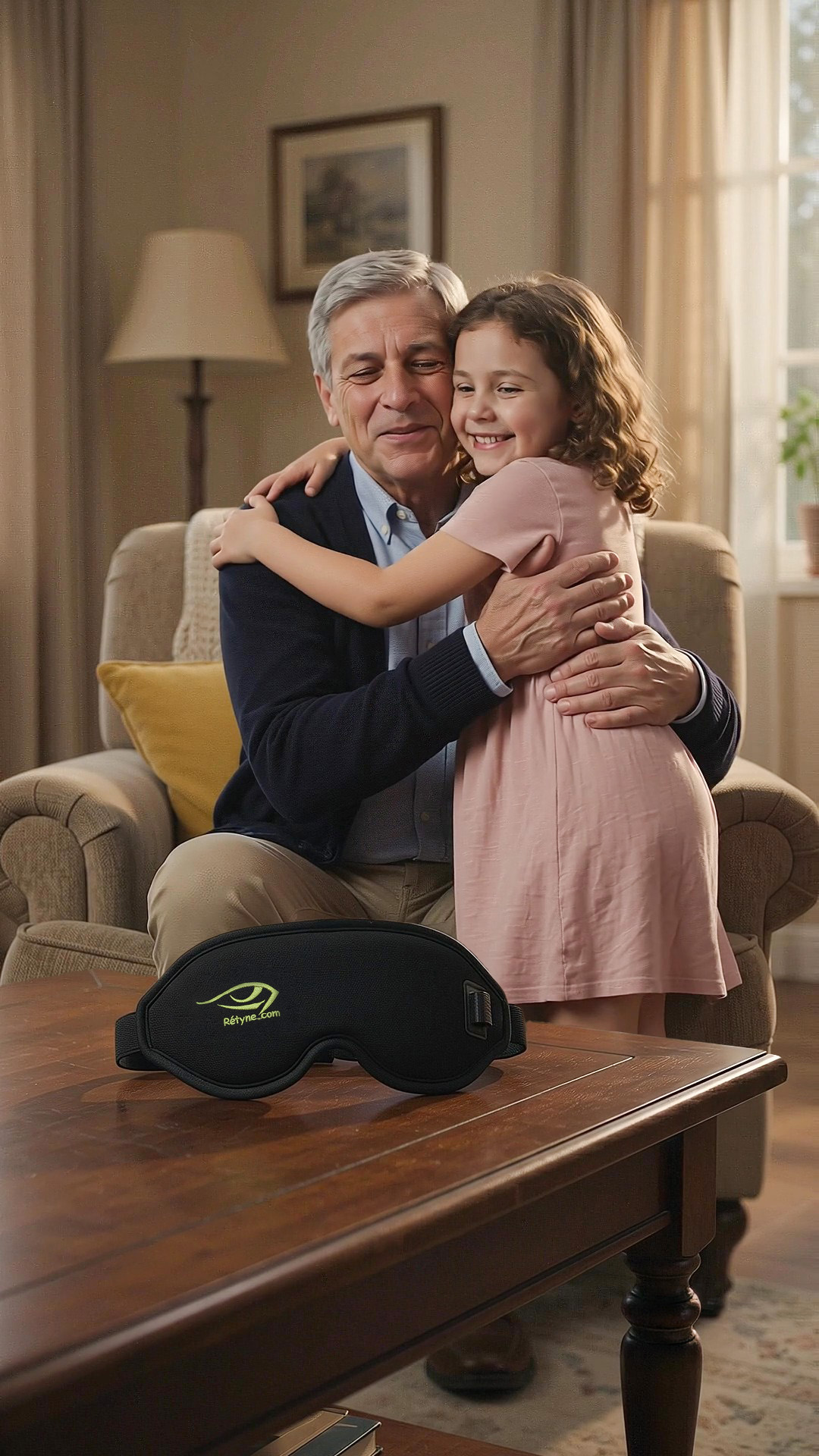 Retyne eye mask at home with a grandfather and granddaughter